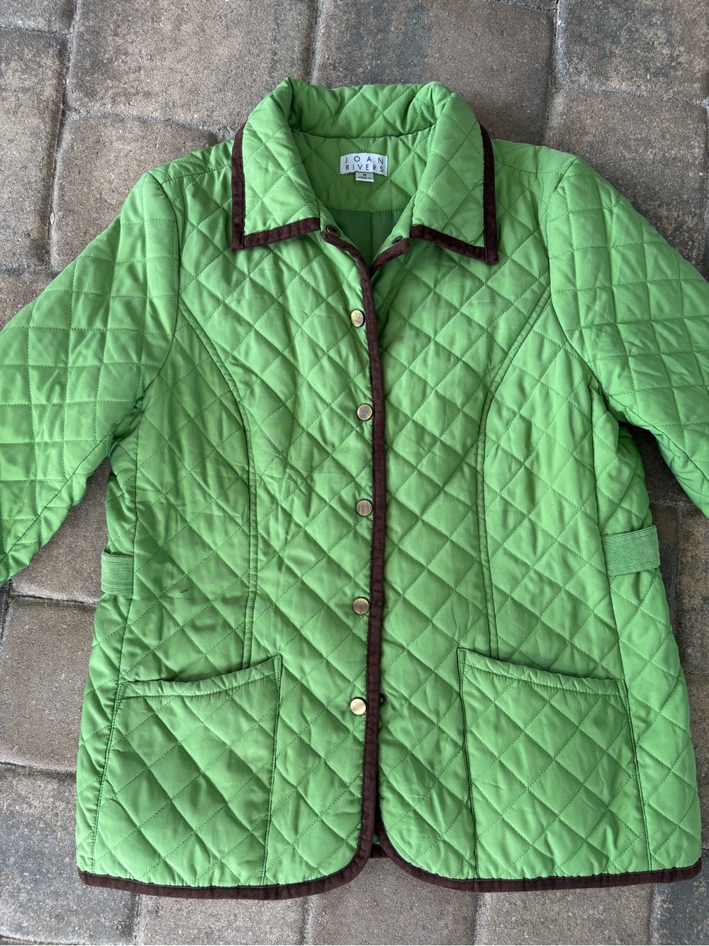 Green Quilted Barn Jacket Brown Trim Preppy Equestrian Joan Rivers M